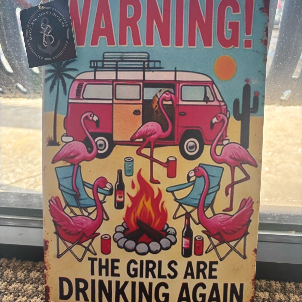 Camping Flamingo Van Metal Sign New